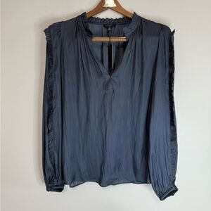 Current Air Anthropologie NWT  Dark Gray Ruffle Trim V-Neck Blouse Size medium